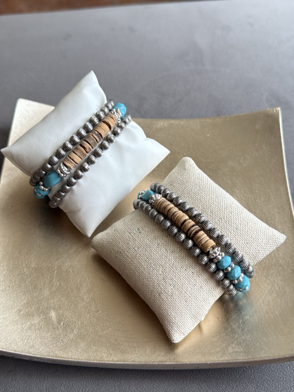 Turquoise Silver Beaded Stretch Bracelet Set - Women Jewelry Friendship Gift
